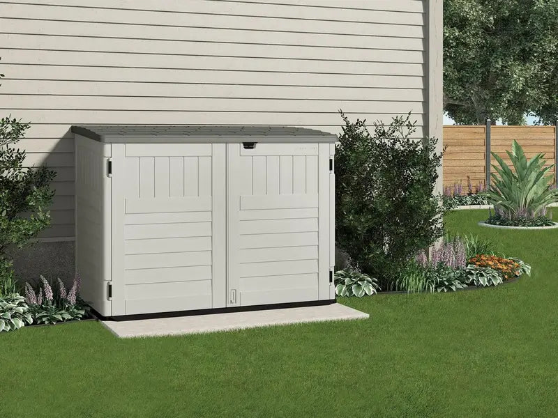 Suncast BMS4700 UV-Resistant Resin Storage Shed â€?Off-White/Gray Double-Door Structure (70.5″W x 44.25″D x 52″H)