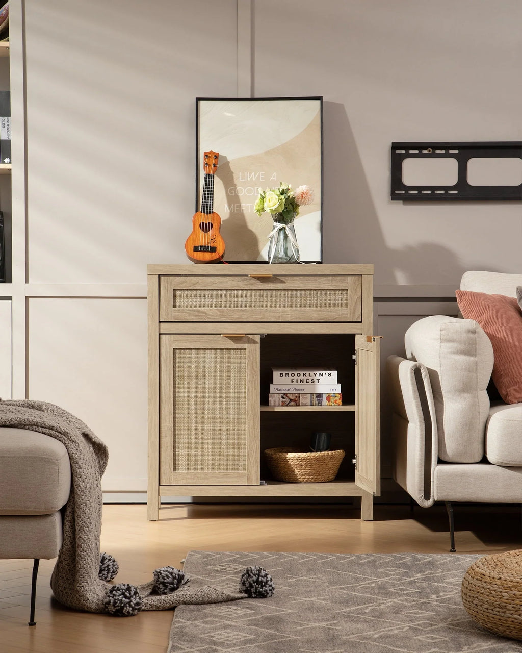 Nopurs Rattan Sideboard Buffet Cabinet, Boho Storage Cabinet Buffet Table with Doors and Drawer, Coffee Bar Cabinet for Kitchen Entryway Living Dining Room, Light Oak