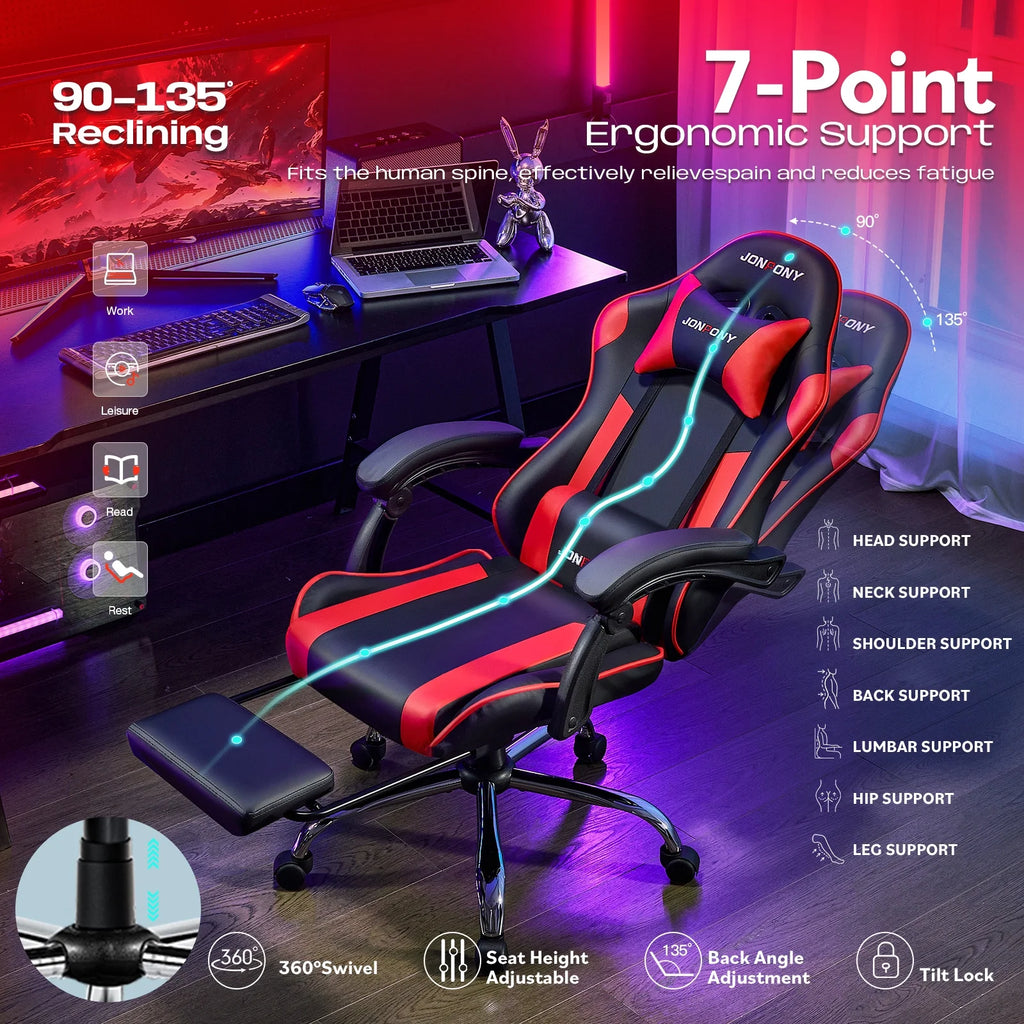 JONPONY Big and Tall Gaming Chair, Ergonomic Design, Gamer Chair PU Leather with Footrest and Lumbar Support, High Back Office Chair Support 8 Hours Long Sitting, Computer Chair, Black Grey
