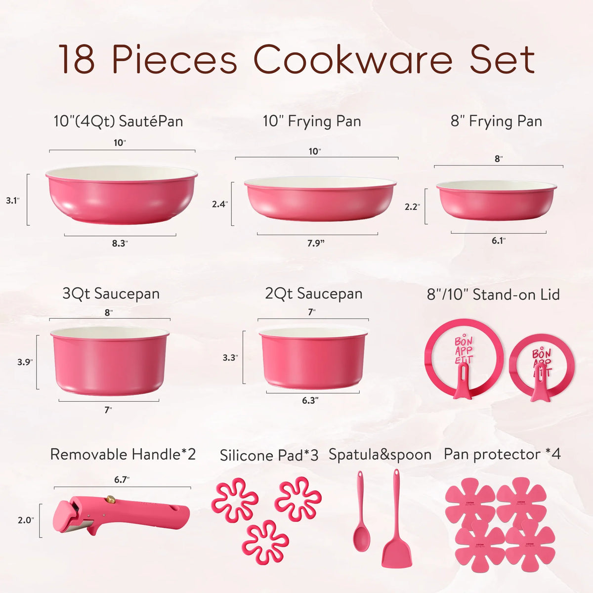 Carote 18 Pcs Ceramic Nonstick Cookware Set, Pots and Pans Set with Detachable Handles, Oven/Dishwasher Safe, Stackable Kitchen Cooking Set, White