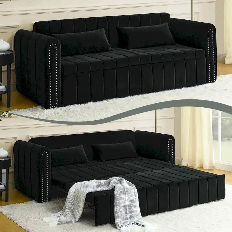 Velvet Upholstered Lounge Sleeper Sofa â€?Modern Rolled Arms with Decorative Copper Nailhead Trim