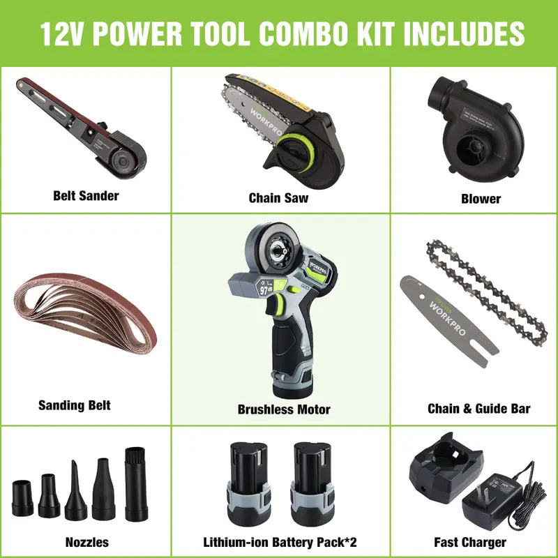 WORKPRO 3-in-1 Cordless Power Tool Kit â€?Detail Belt Sander, Mini Chainsaw & Electric Blower