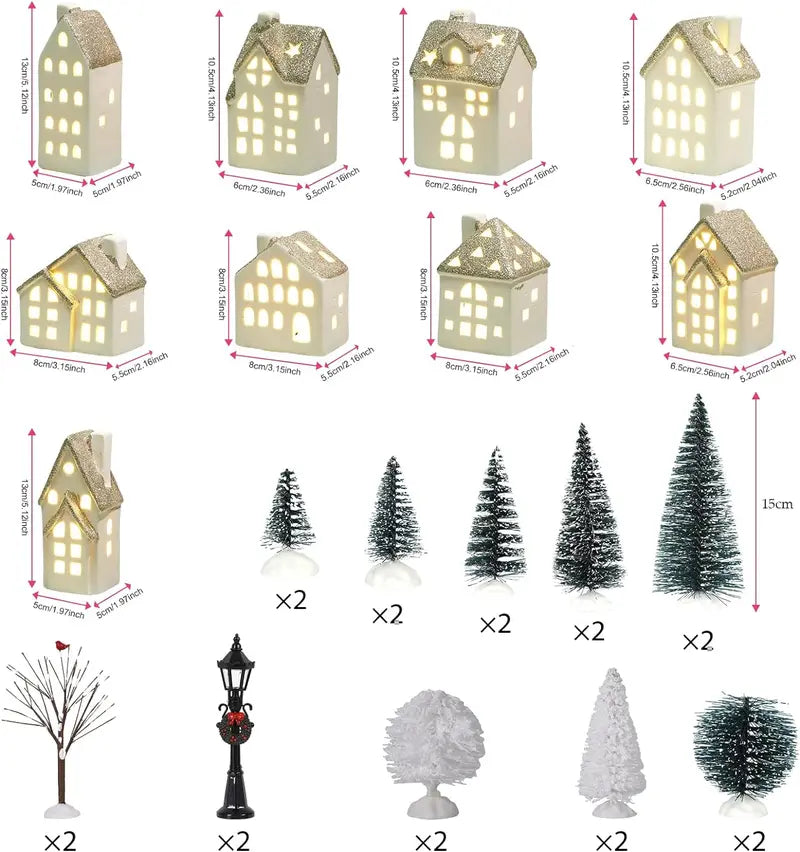 Spdmhyo 29-Piece Ceramic Christmas Village Set with LED Lights, Porcelain Houses, Trees & Lamps â€?White