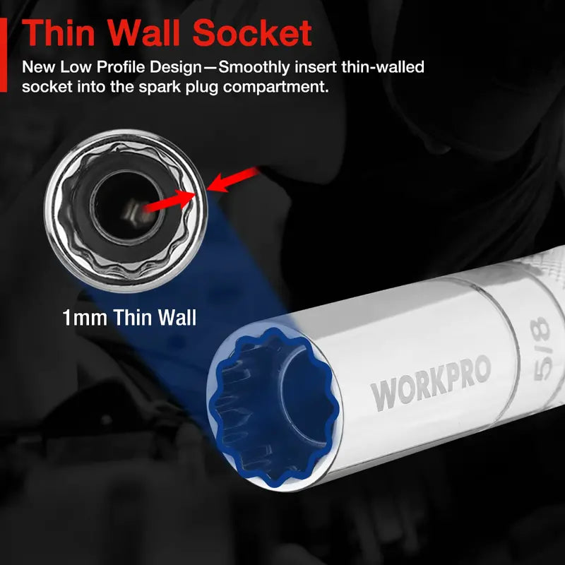 WORKPRO Extended Magnetic Spark Plug Socket Kit â€?6-Pc Thin-Wall Set with 4â€? 6â€? 11â€?Extensions