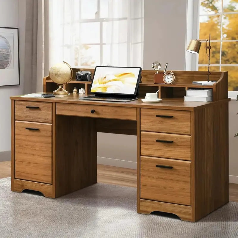 Vintage-Style Executive Desk with Storage â€?58-Inch Wood Writing Desk Featuring Six Drawers and File Cabinet