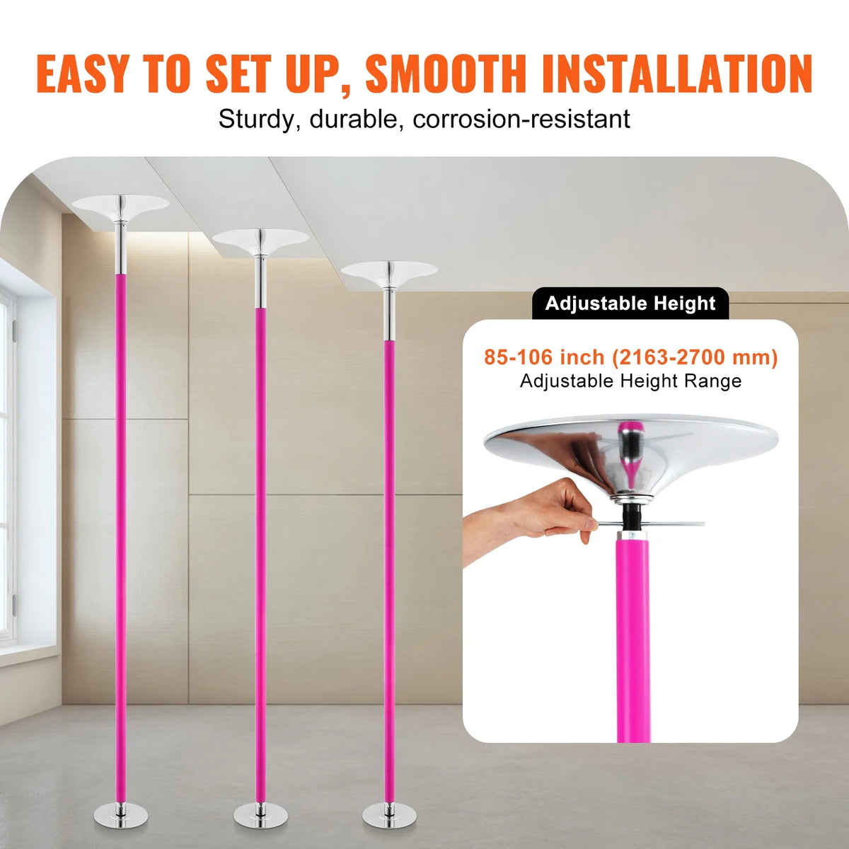 KFFKFF Expert Dance Pole, Rotating and Stationary Dance Pole Set, Detachable Portable Pole, 45mm Robust Stainless Steel Pole, Fitness Pole with Adjustable Height, Suitable for Workout Home, Silver