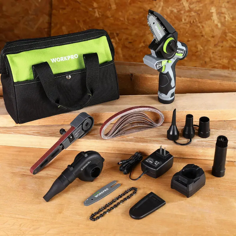 WORKPRO 3-in-1 Cordless Power Tool Kit â€?Detail Belt Sander, Mini Chainsaw & Electric Blower