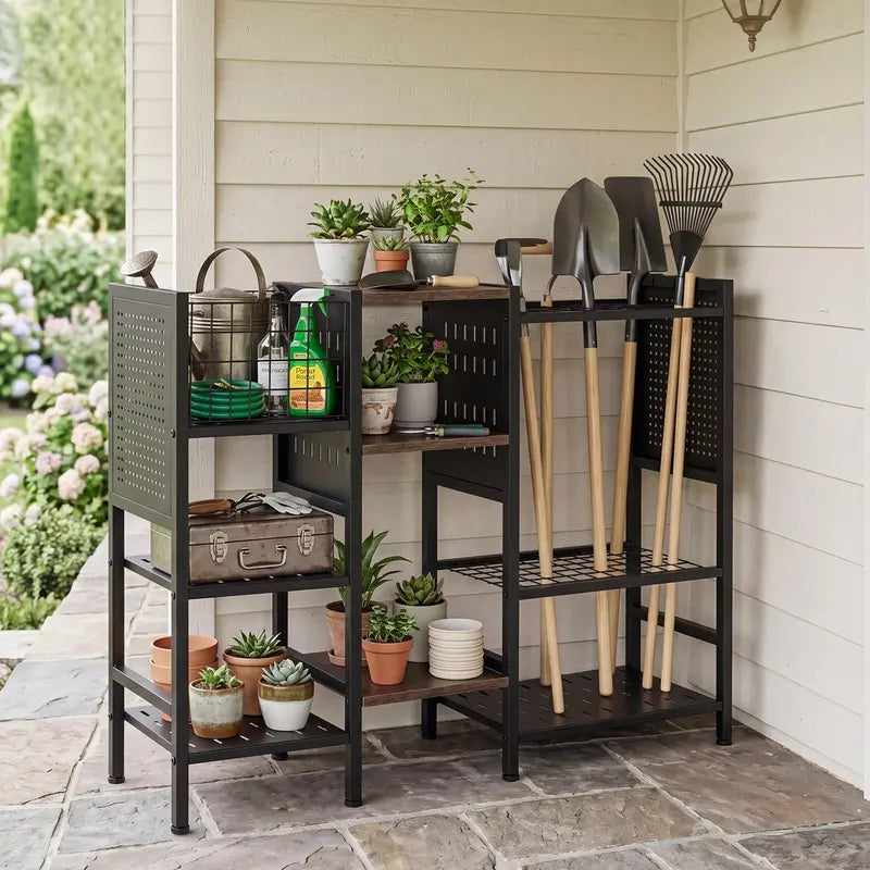 Three-Tier Garden Tool Organizer â€?40-Inch Wide Wall-Mounted Rack with Natural Wood Shelves