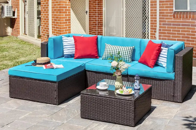 Vongrasig 5-Piece All-Weather PE Rattan Sectional with Ottoman & Glass Coffee Table