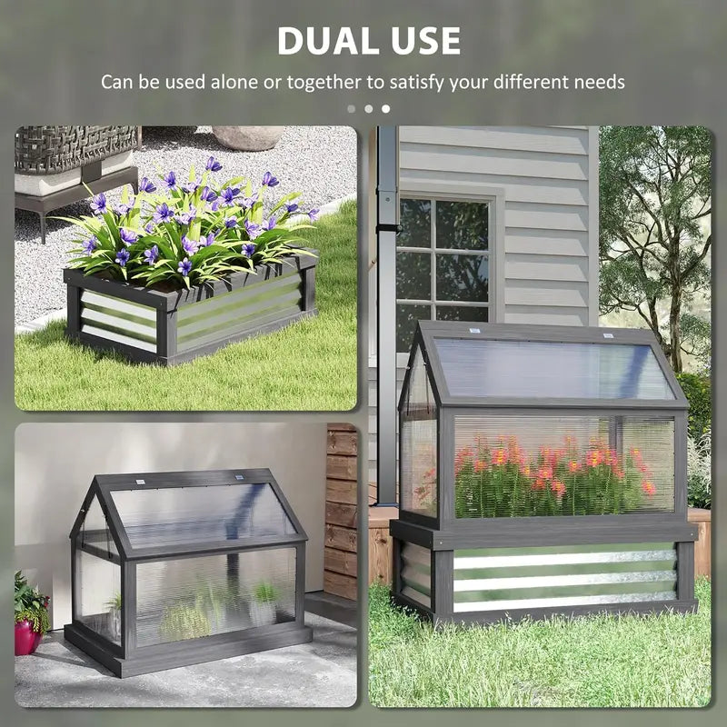 Wooden Raised Garden Bed with Polycarbonate Peak-Roof Greenhouse â€?35.5â€?x 22.5â€?x 38.25â€? Gray
