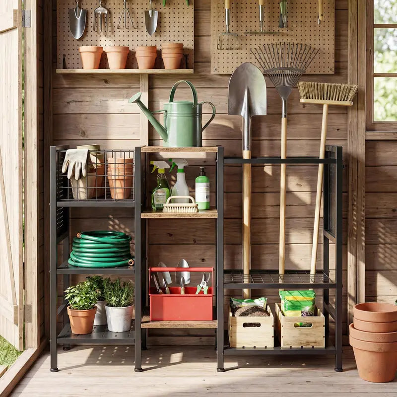 Three-Tier Garden Tool Organizer â€?40-Inch Wide Wall-Mounted Rack with Natural Wood Shelves