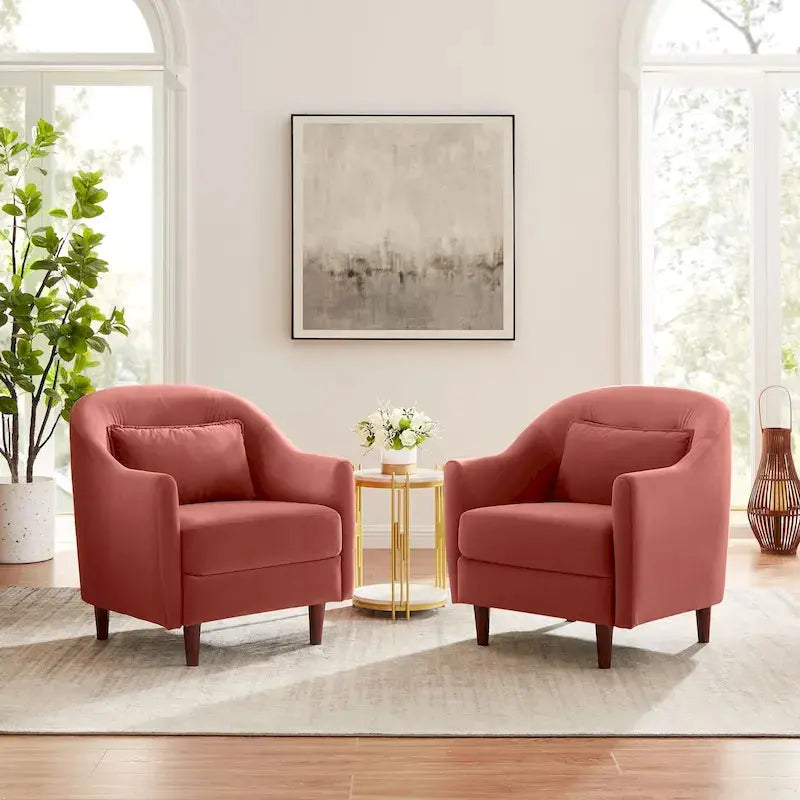 Velvet Accent Barrel Chairs (Set of 2) â€?Modern Armchairs with Solid Wood Legs and Compact Profile