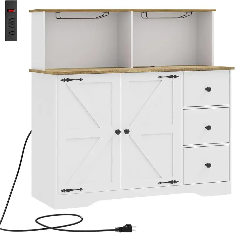 White Farmhouse Coffee Bar Buffet â€?Dual-Door Cabinet with Power Outlets, Glass Holder & 3 Drawers