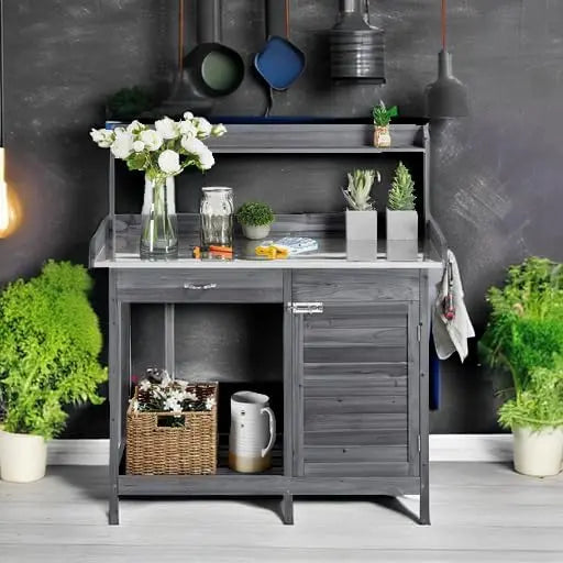 Yaheetech Garden Potting Bench â€?Outdoor Work Table with Metal Frame, Cabinet & Pull-Out Drawer