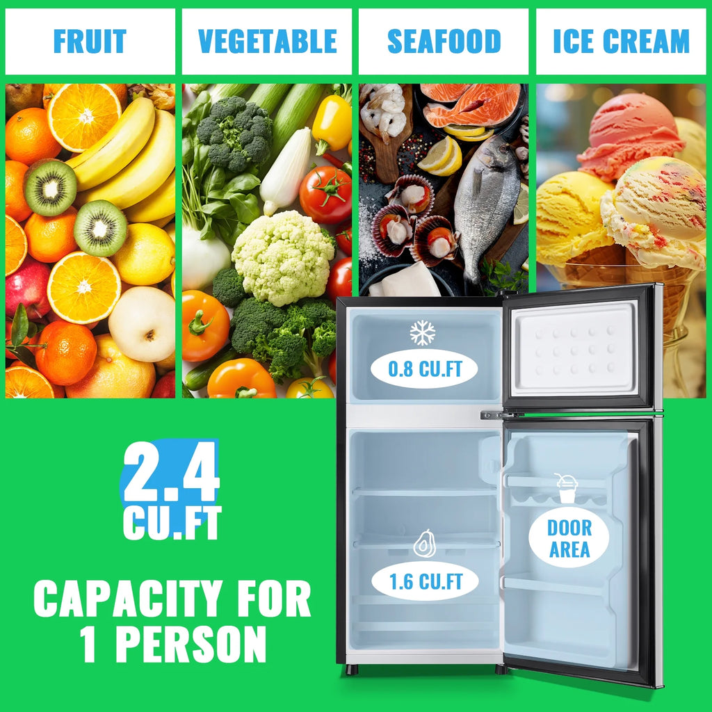 DEMULLER 2.4 Cu.ft Refrigerator Mini Fridge with Freezer Dual Door Personal Fridge New Silver Sale