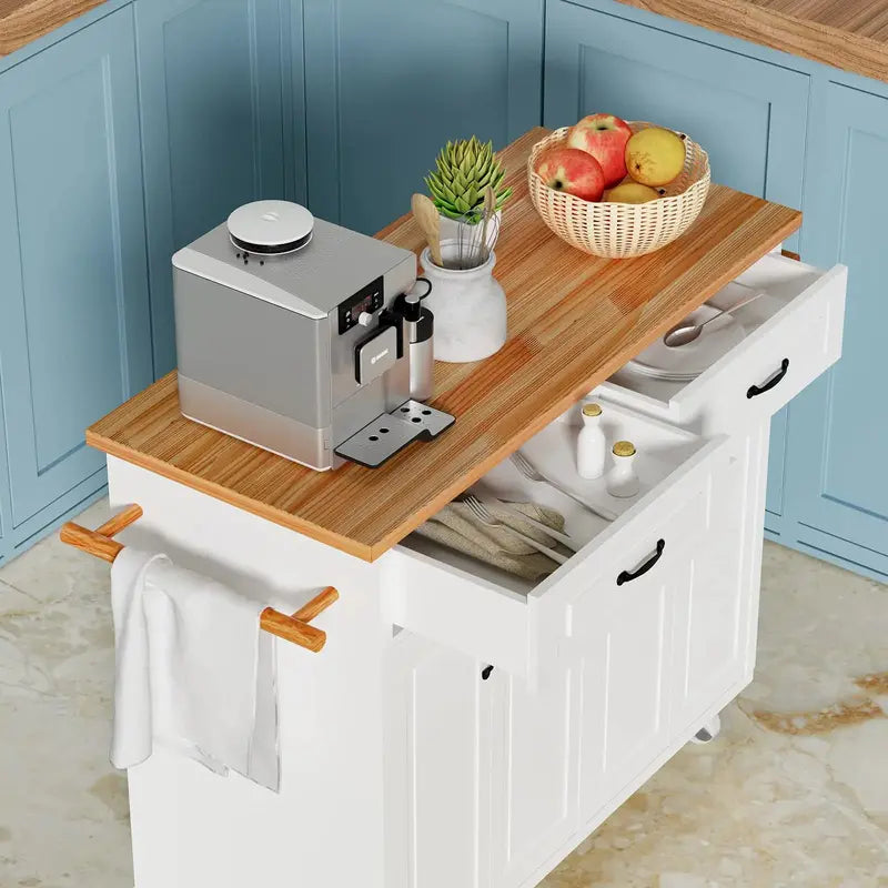 White Rolling Kitchen Island Cart with Storage â€?Wooden Countertop, 2 Drawers, 4 Cabinets, Towel Racks & Adjustable Shelves