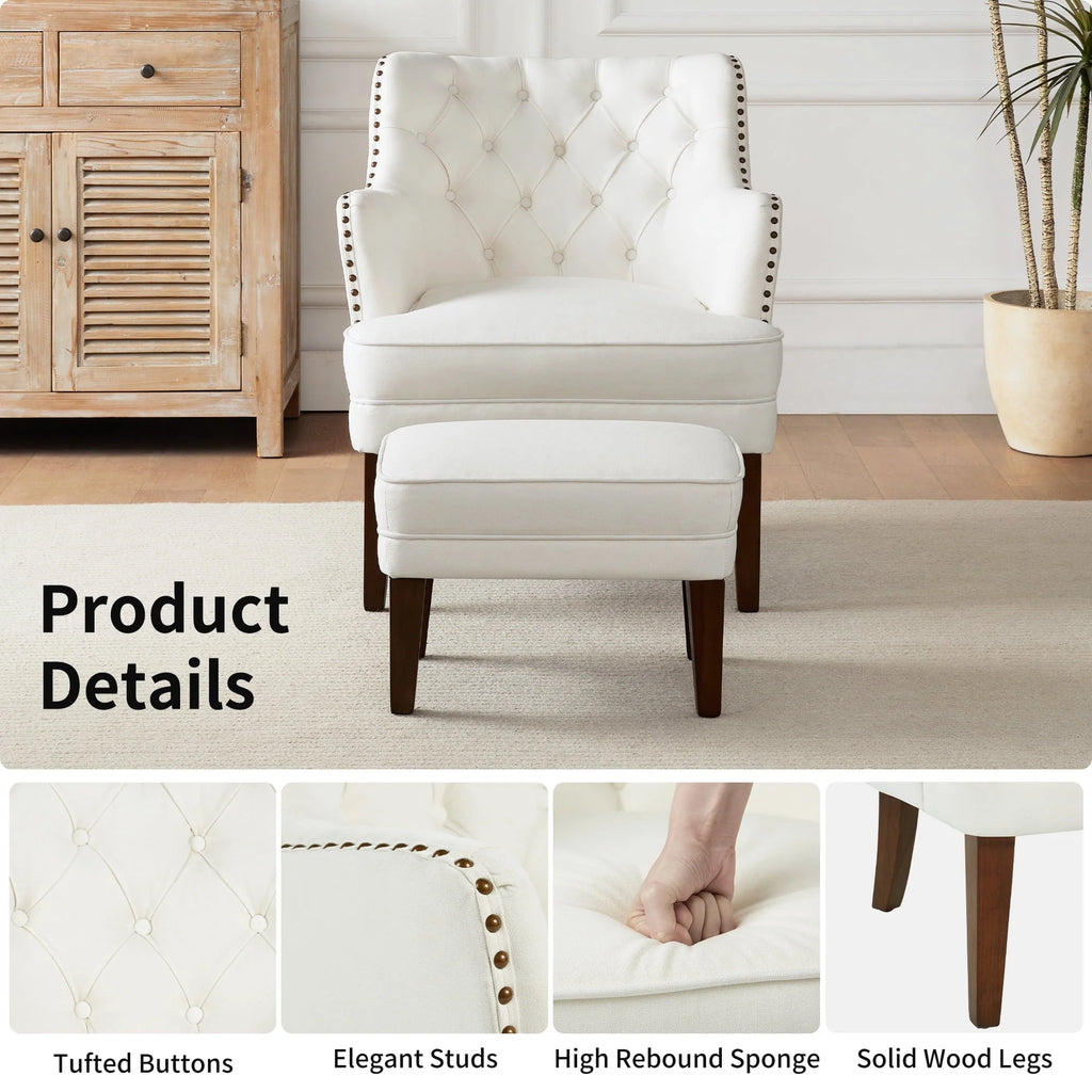 GERICCO Accent Chair with Ottoman Set, Club Armchair Indoor, Comfy Reading Chair and Ottoman for Bedroom Living Room, with Bronzer Nail Head Trim Wooden Legs(Beige)