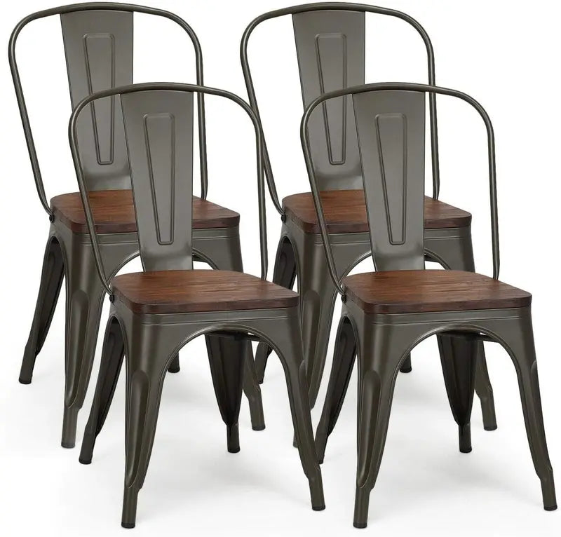 Vintage Industrial Stackable Dining Chairs (4-Pack) â€?High-Back Metal Frames with Wood Seats for Bars or Kitchens