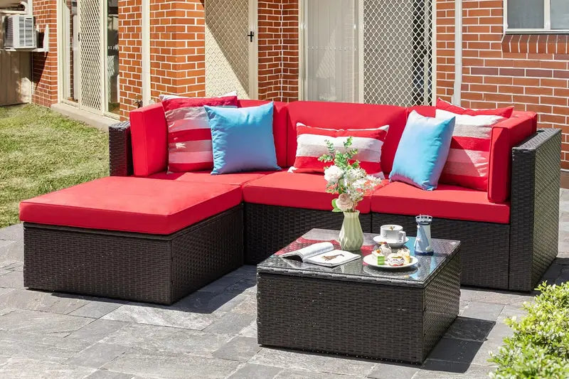Vongrasig 5-Piece All-Weather PE Rattan Sectional with Ottoman & Glass Coffee Table