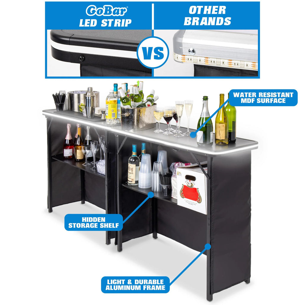 Gobar Portable Double Bar Table Set with Multi - Color LED Lights - Mobile Bartender Station for Events - Includes Carrying Case