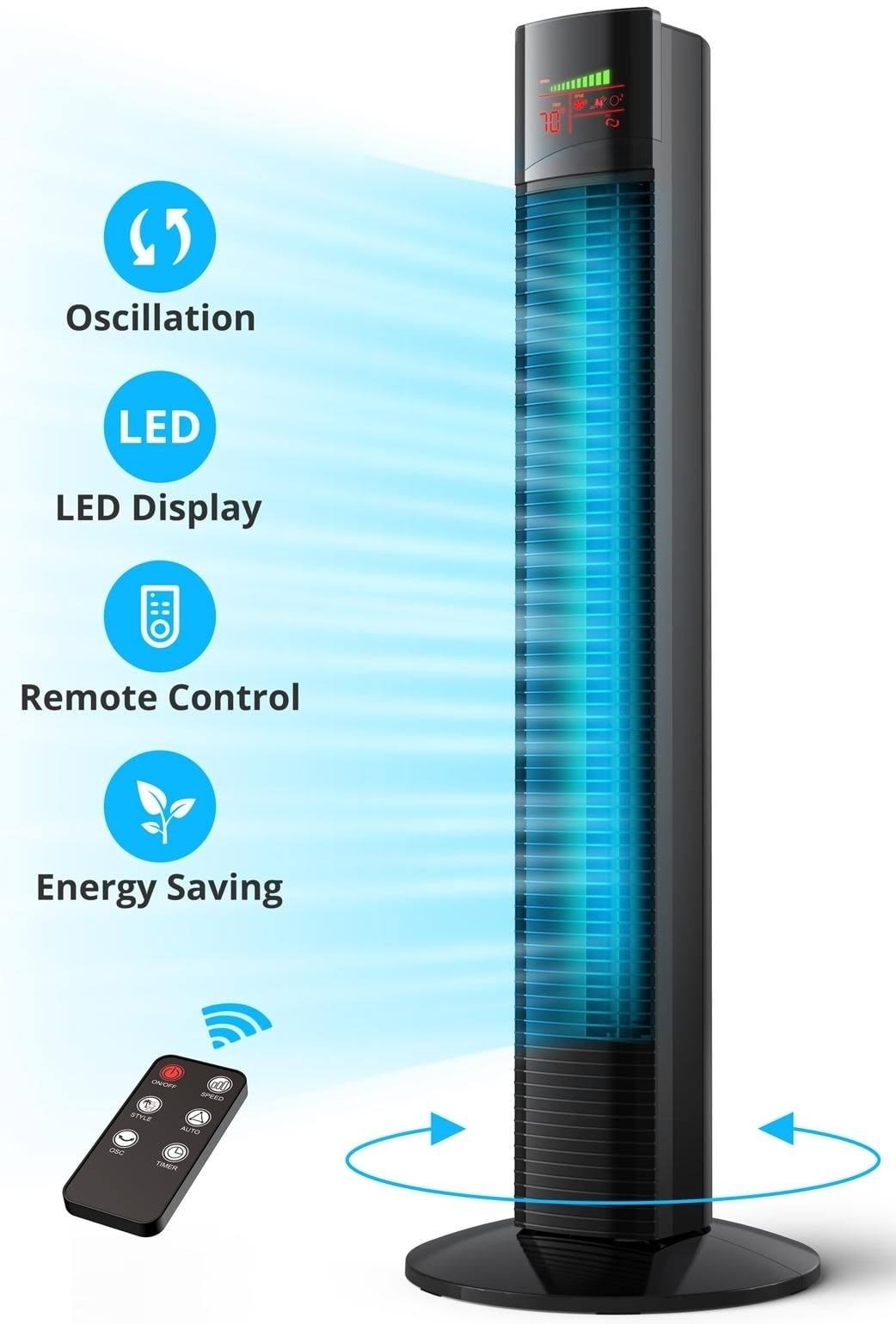 TaoTronics Tower Fan, 36" Cooling Fan with Remote, 65 Floor Fan Oscillating, Powerful Fan with 9 Modes, Large LED Display, 12-Hour Timer, Quiet