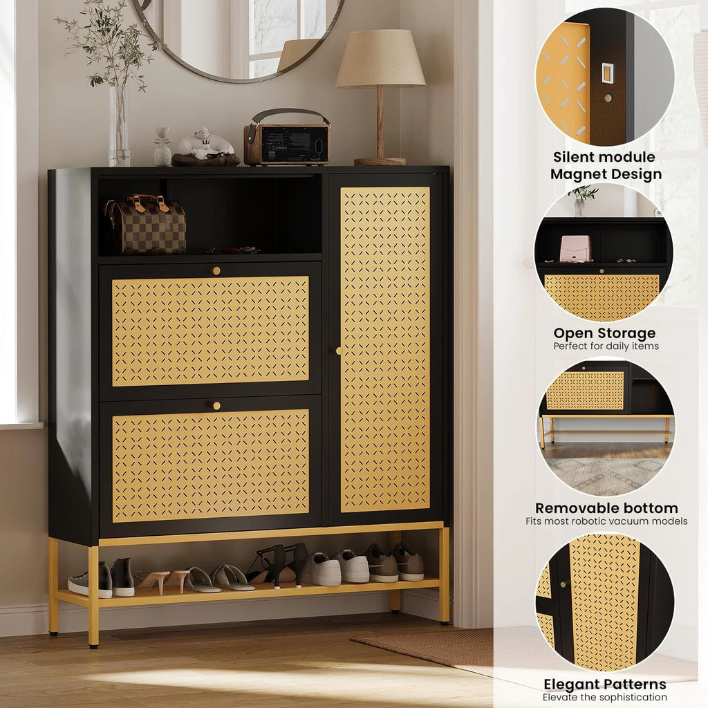 AECOJOY Shoe Storage Cabinet with 2 Flip Drawers - Hidden Shoe Organizer for Entryway, Metal Shoe Rack with Door & Open Storage