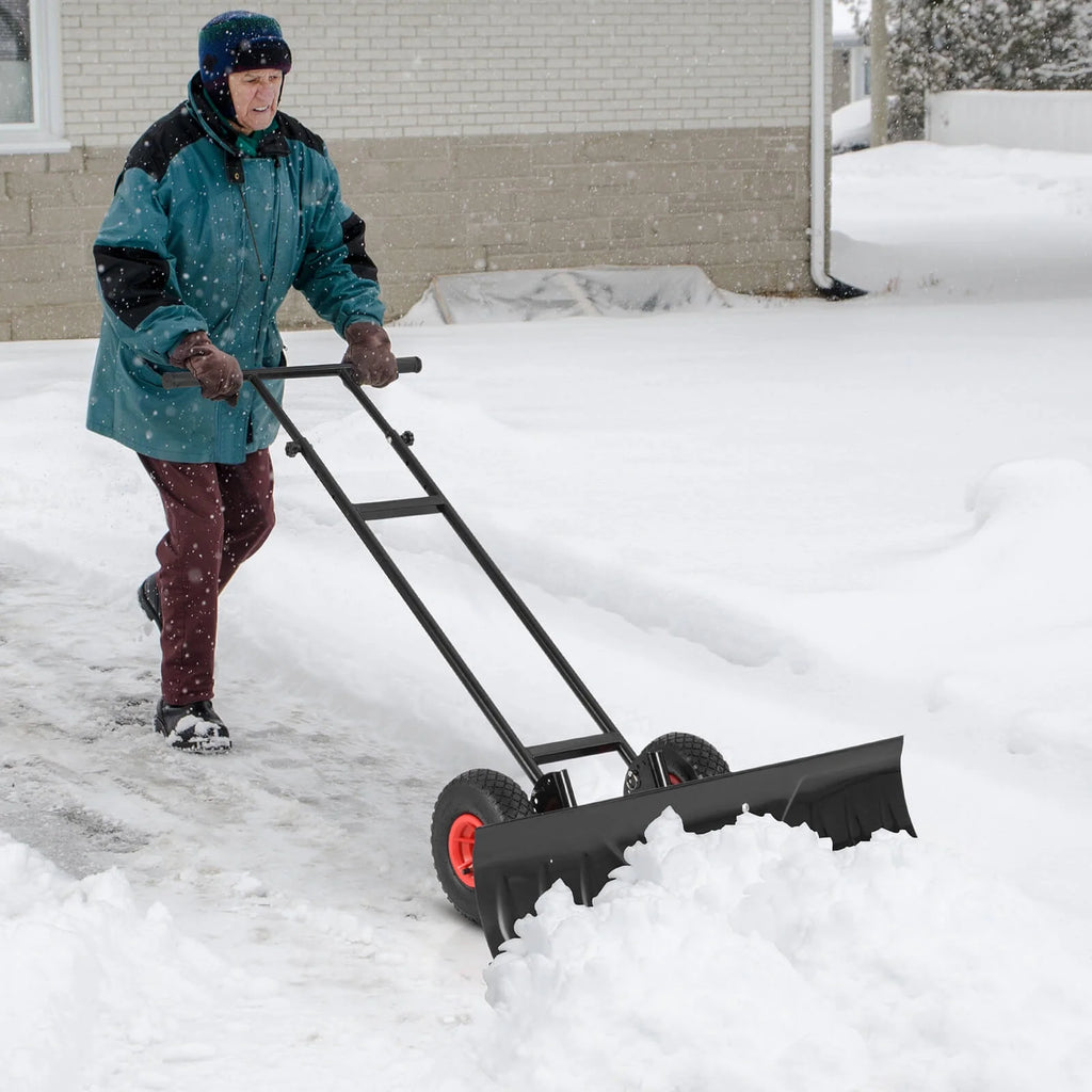 Costway 36" Snow Shovel Pusher with 10" Inflatable Wheels Adjustable Handle & Head Black