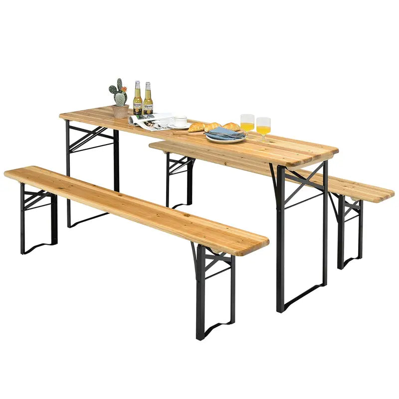 Three-Piece Folding Picnic Table and Bench Set with Wooden Top (70â€?Total)