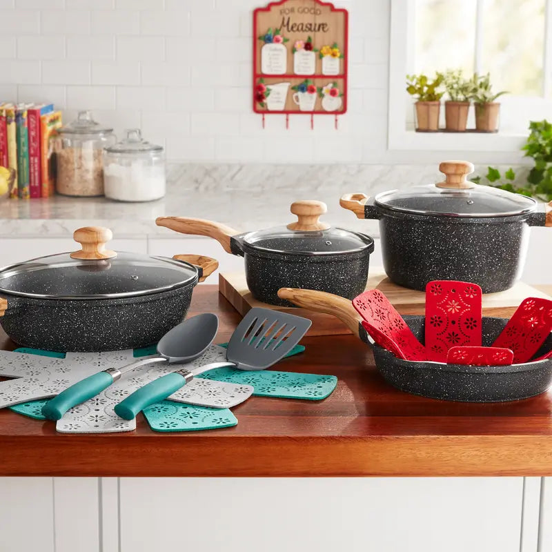 The Pioneer Woman Prairie Signature 12-Piece Cast Aluminum Cookware Set, Charcoal Speckle