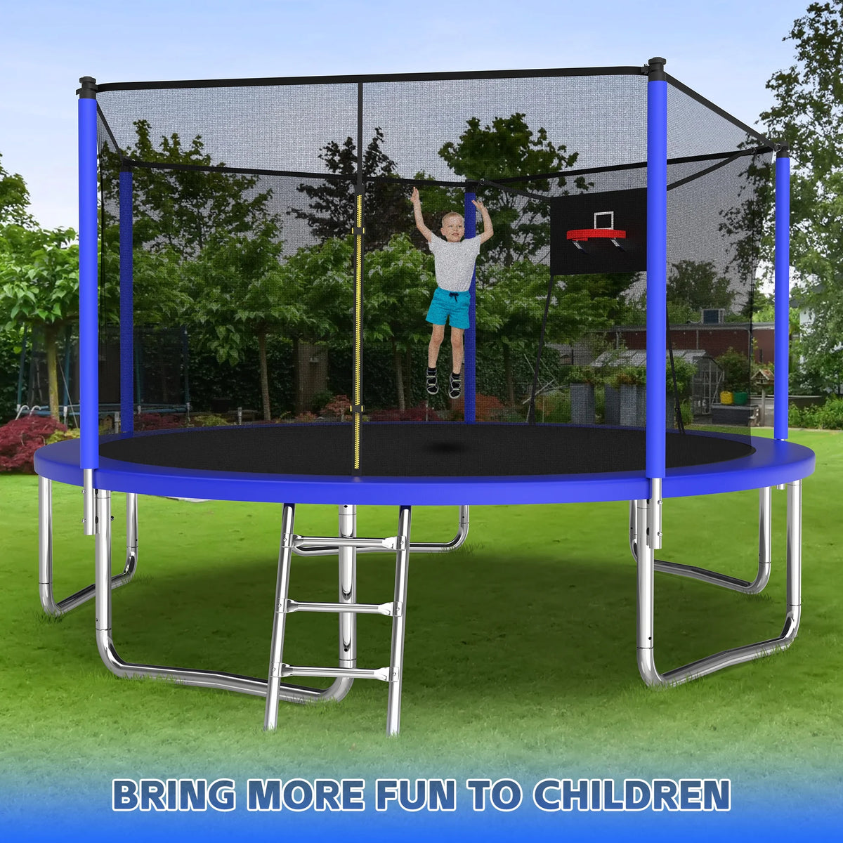 14ft Trampoline with Basketball Hoop, Outdoor Trampoline with with Enclosure Net, Blue