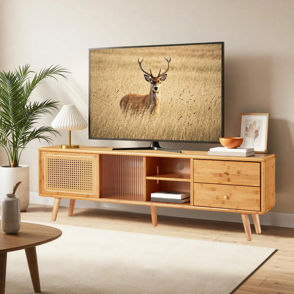 AECOJOY Rattan Boho TV Stand for TVs up to 65 inch, Entertainment Center with Rattan Door, Height-Adjustable Shelves & 4 Cabinets & Drawers