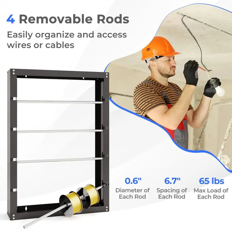 Wall-Mounted Wire Spool Rack â€?Four-Rod Cable & Ribbon Organizer with Dispensing Design