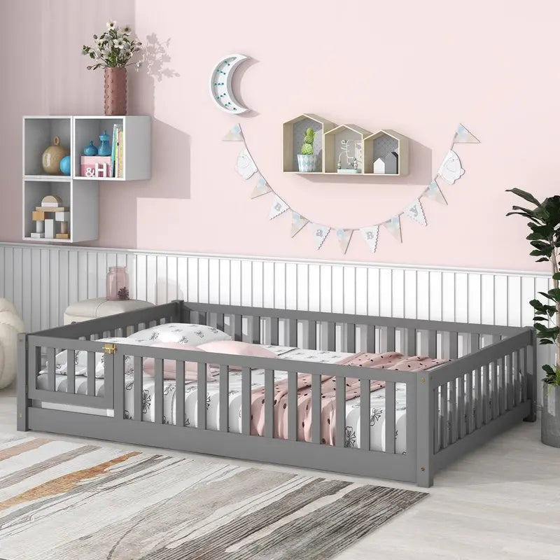 Uhomepro Full-Size Kids Floor Bed â€?Pine Wood Playhouse Design with Fence & Door