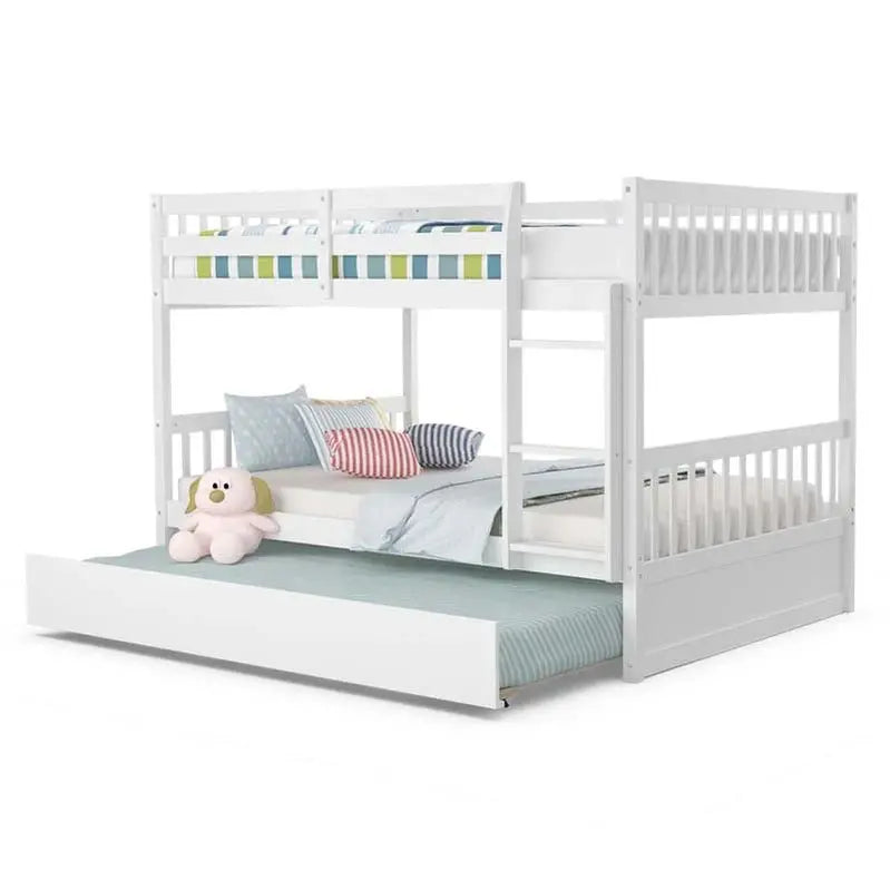 Solid Wood Full-Over-Full Bunk Bed with Trundle Drawer â€?Includes Safety Ladder, Guardrails & Convertible Design