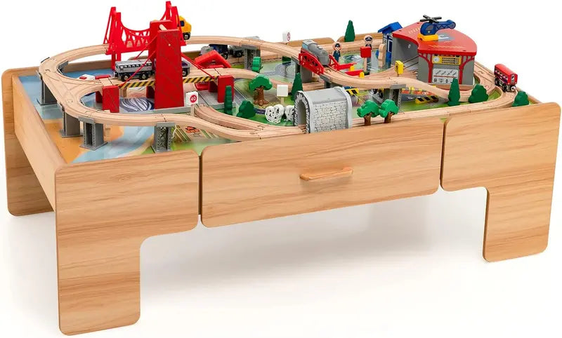 Wooden Dual-Activity Kids' Table with Flip-Up Top & Built-In Storage â€?100-Piece Train Set Featuring Tracks, Cars, and Accessories for Ages 3+