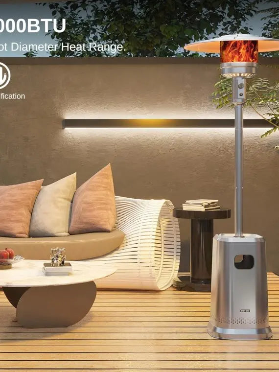 Stainless Steel Patio Heater with Table Design, 50,000 BTU, Safety System, Wheels, for Home & Commercial Use