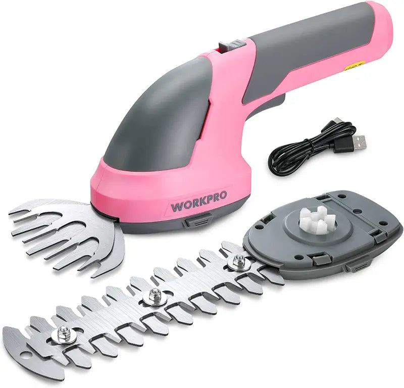 WORKPRO 7.2V Cordless 2-in-1 Shrub Trimmer & Hedge Shear â€?Ergonomic Pink Ribbon Model