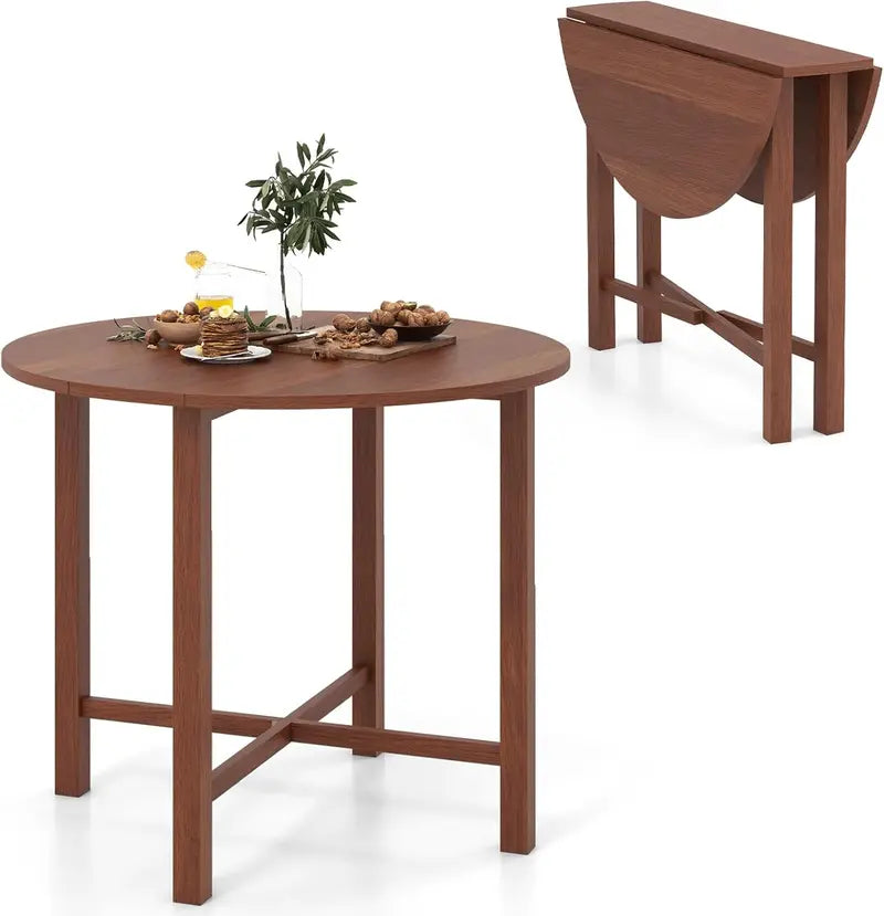 Walnut Round Drop-Leaf Dining Table â€?Extendable Farmhouse Table for 2â€?, Solid Wood Legs