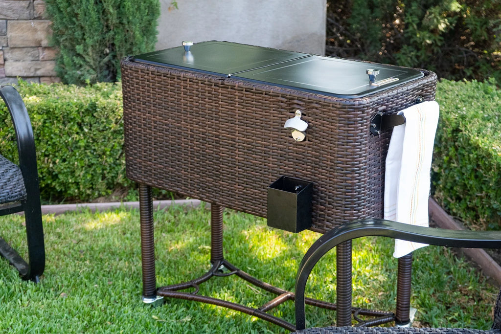 Permasteel 80 - QT Wicker Outdoor Patio Cooler, Hand - Woven Wicker Cooler Cart, Rolling Cooler on Wheels with Handle, Brown