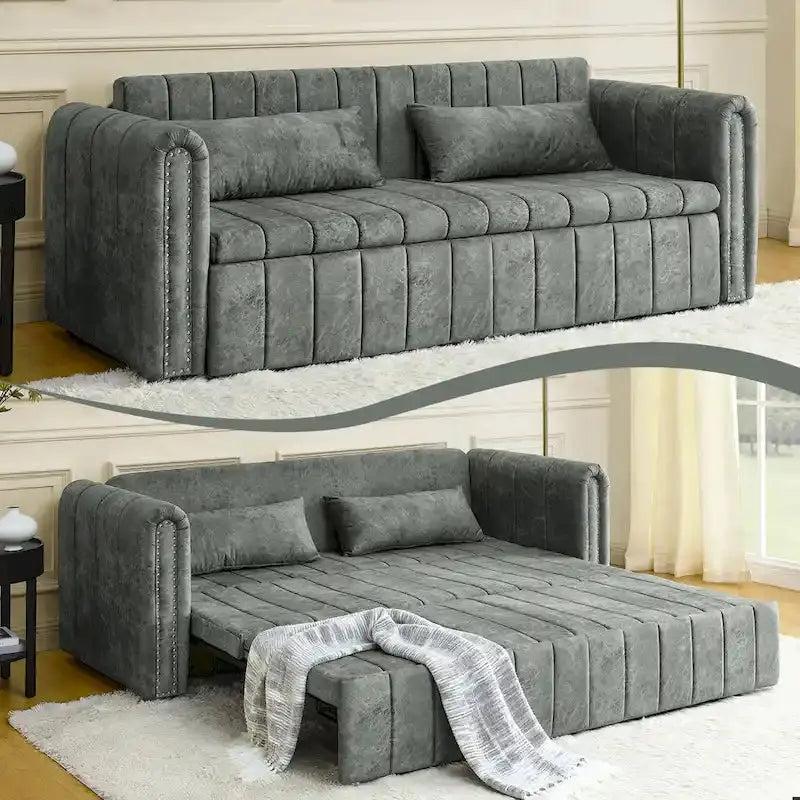 Velvet Upholstered Lounge Sleeper Sofa â€?Modern Rolled Arms with Decorative Copper Nailhead Trim
