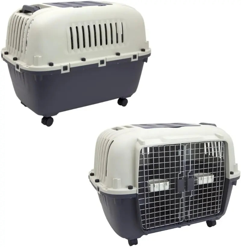 SportPet Designs Rolling Travel Dog Crate â€?Airline-Approved Plastic Kennel with Wire Door, XXX-Large Size, Gray