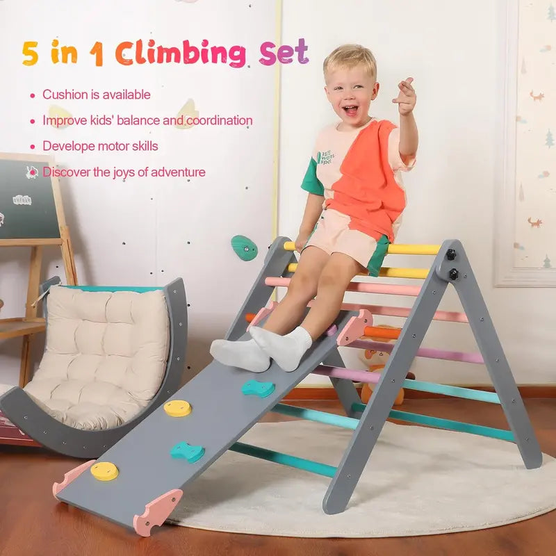 Yopnoyik 5-in-1 Montessori Foldable Wooden Climbing Set for Toddlers with Ramp and Arch Climber, Indoor Playground
