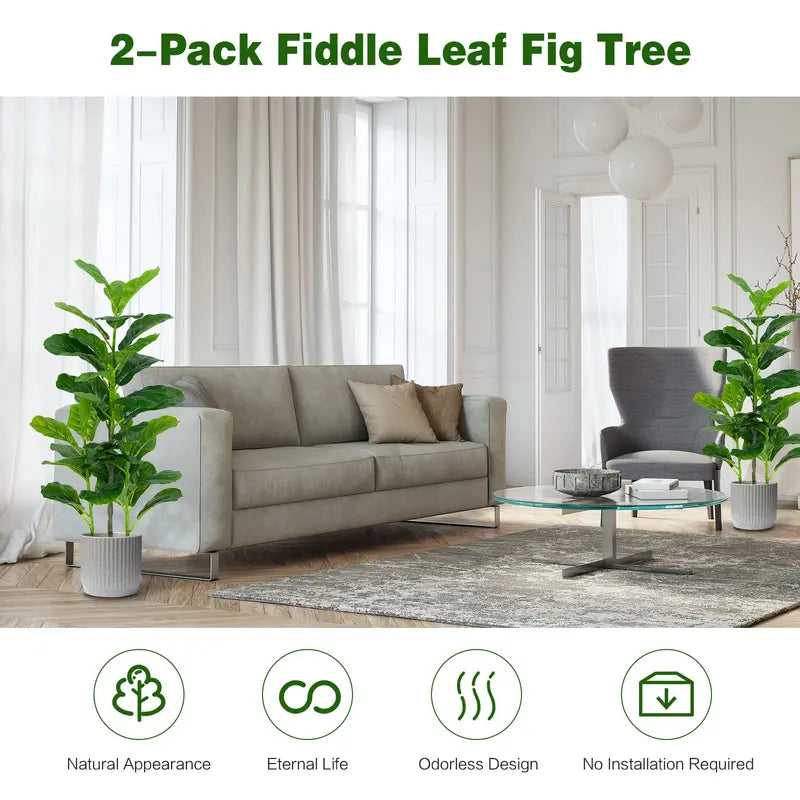 Two-Piece 3.3-Foot Artificial Fiddle Leaf Fig Tree Set in Decorative Pots