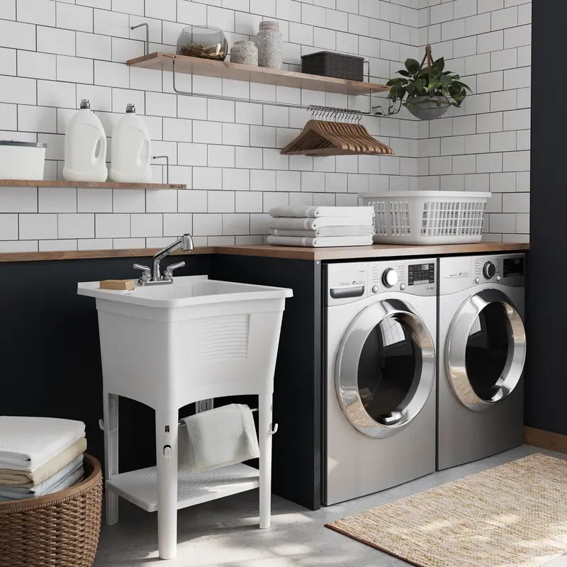 Zenna Home Ergo Tub Utility Sink with Pull-Out Faucet: Laundry Tub with 24â€?W x 24â€?H Sink, in White