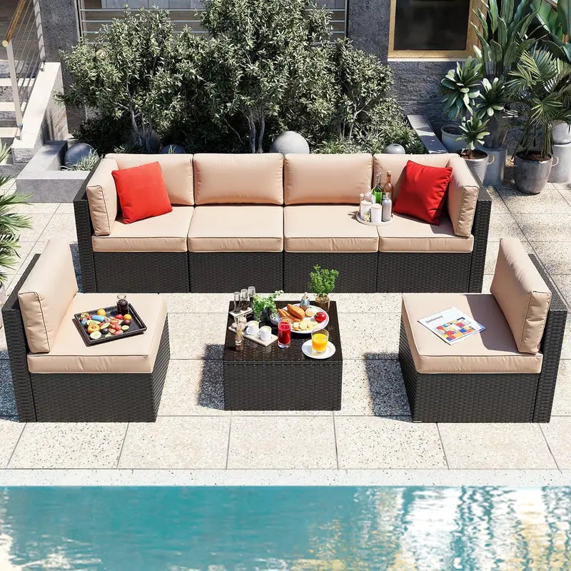 Vongrasig 5-Piece All-Weather PE Rattan Sectional with Ottoman & Glass Coffee Table