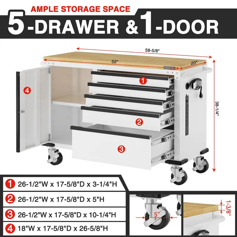 WORKPRO 52-Inch Heavy-Duty Rolling Tool Chest â€?5-Drawer Cabinet with 1000-Lb Load Capacity