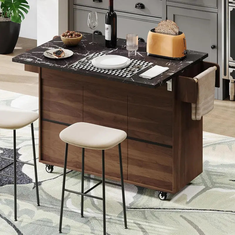 White Rotating Kitchen Island Cart â€?Foldable-Leg Trolley with Trash Bin, Towel Bar, Drawers, and Internal Shelves