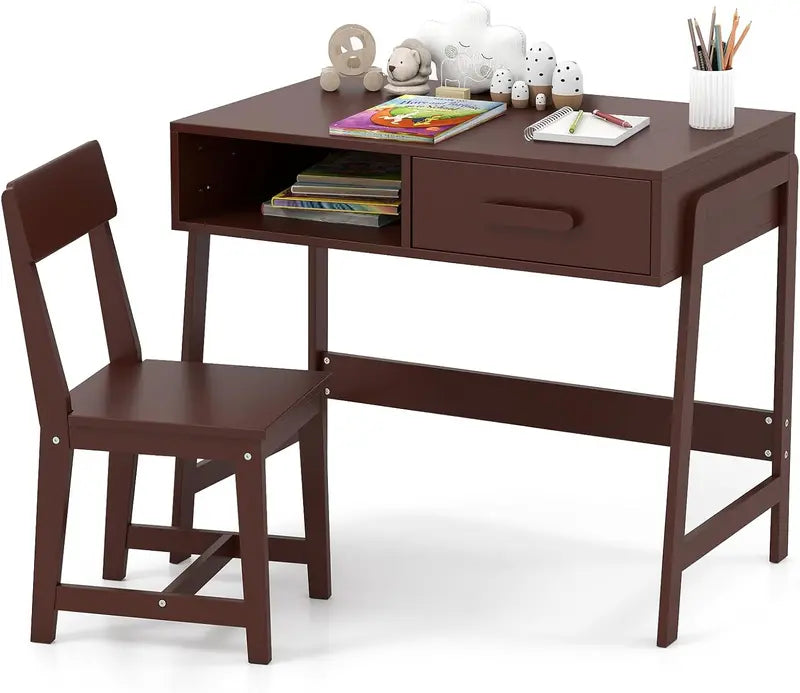Wooden Kids' Desk & Chair Set â€?Ergonomic Student Study Table with Hutch, Storage Drawer, and Matching Chair for Ages 3+ (White)