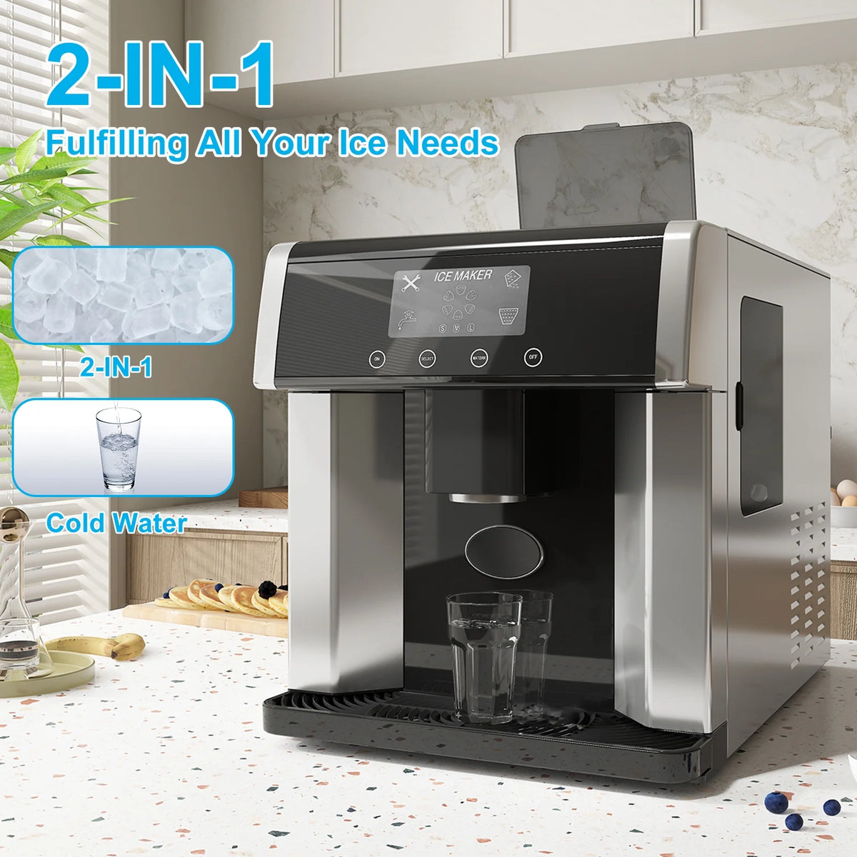 TABU 3 in 1 Ice Maker with Water Dispenser, 40 lb/24H, Ice Machine with Ice Crushing, Self Cleaning, Black
