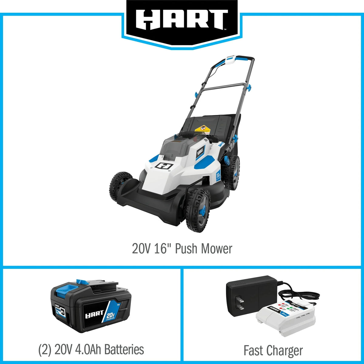 Restored HART 20 - Volt 16 - Inch Push Lawn Mower Kit, (2) 20 - Volt 4.0ah Lithium - Ion Batteries, (1) Battery Charger (Refurbished)